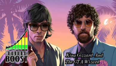 stylized image of the electronic act Justice drawin in the art style of GTA VI